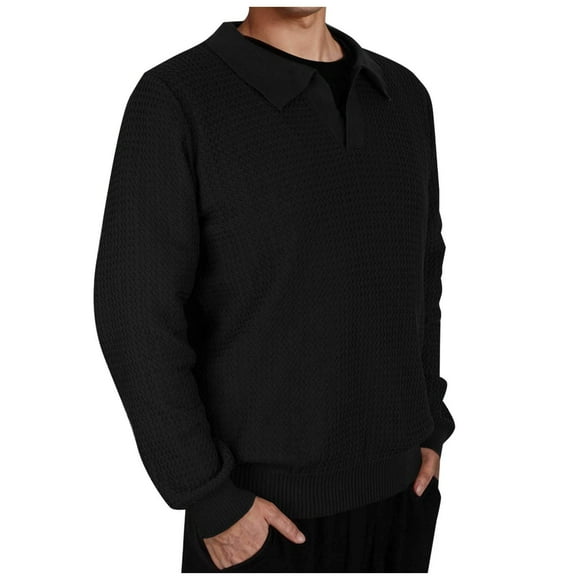 GuangCheng Mens Lapel Sweaters Textured Knit V Neck Pullover Business Casual Loose Fit Tops