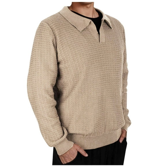 GuangCheng Mens Lapel Sweaters Textured Knit V Neck Pullover Business Casual Loose Fit Tops