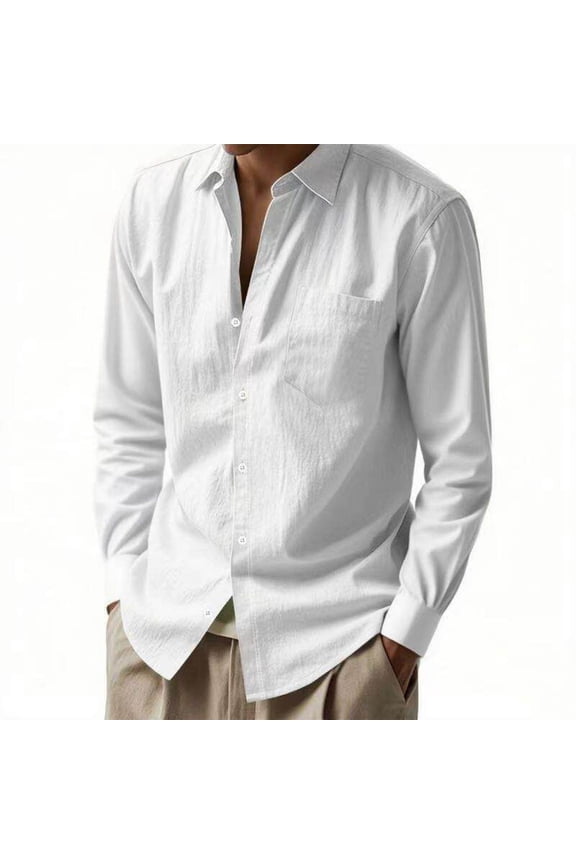 Mens Linen Work Shirts Button Down Lightweight Soft Long Sleeve Shirts Spread Collar Suit Blouses with Pocket