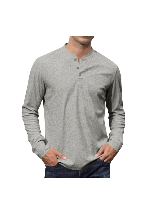 Mens Long Sleeve Henley Shirts Button Placket Plain V Neck Tops Slim Fit Basic Blouses