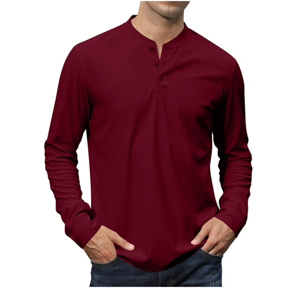 GuangCheng Mens Long Sleeve Henley Shirts Button Placket Plain V Neck Tops Slim Fit Basic Blouses