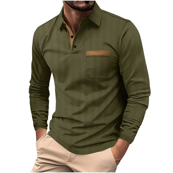 GuangCheng Mens Long Sleeve Polo Shirts Lapel Button Collar Solid Soft Formal Suit Dress Blouses with Pockets