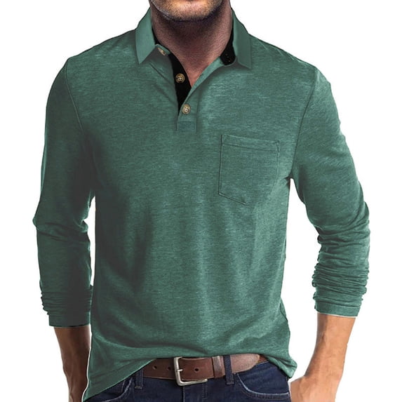 GuangCheng Mens Polo Shirts Classic Button Basic Long Sleeve Work Shirts Solid Cotton Tees Suit Dress Tops