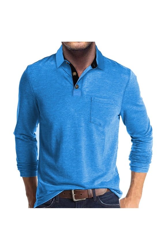 Mens Polo Shirts Classic Button Basic Long Sleeve Work Shirts Solid Cotton Tees Suit Dress Tops