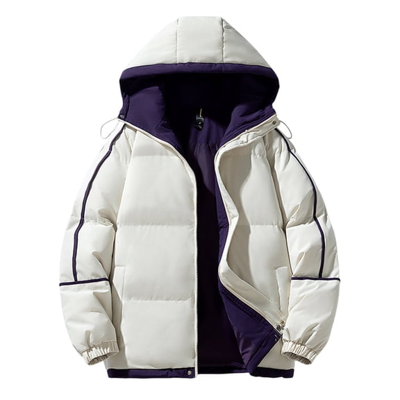 GuangCheng Mens Puffer Coats Hooded Drawstring Zippered Stand Collar Color Block Fleece Warm Winter Jackets