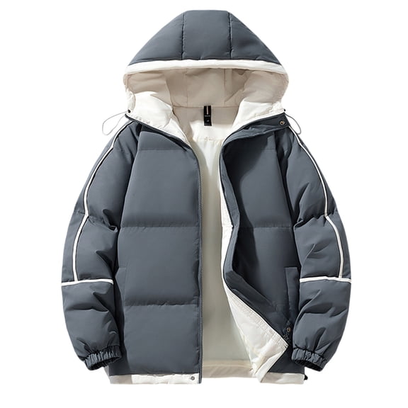 GuangCheng Mens Puffer Coats Hooded Drawstring Zippered Stand Collar Color Block Fleece Warm Winter Jackets