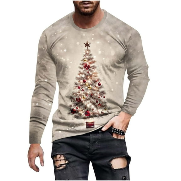GuangCheng Mens Shirts Christmas Round Neck,Long Sleeve Tops,Printed,Pullover,Baggy,Bottom,Tees,Comfy Loose Piece,White,Size 2XL