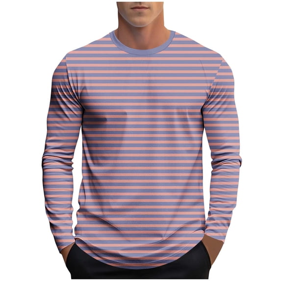GuangCheng Mens Shirts Striped Crewneck Long Sleeve Soft Elastic Basic Tee Shirts for Fall Winter