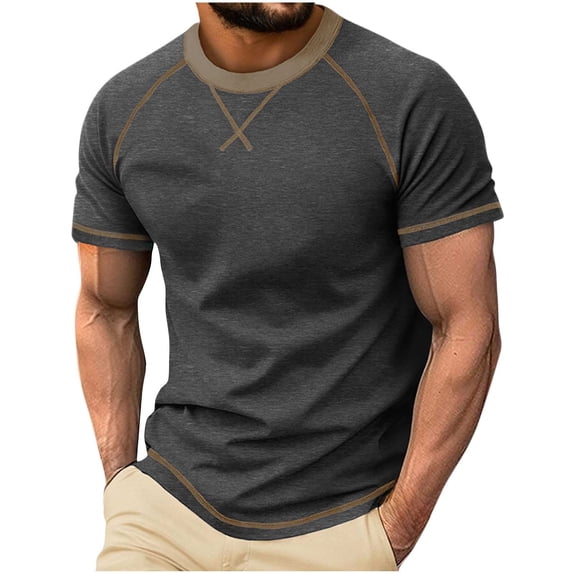 GuangCheng Mens Short Sleeve T Shirts Color Block Crew Neck Slim Fit Summer Soft Pullover Tops Size L