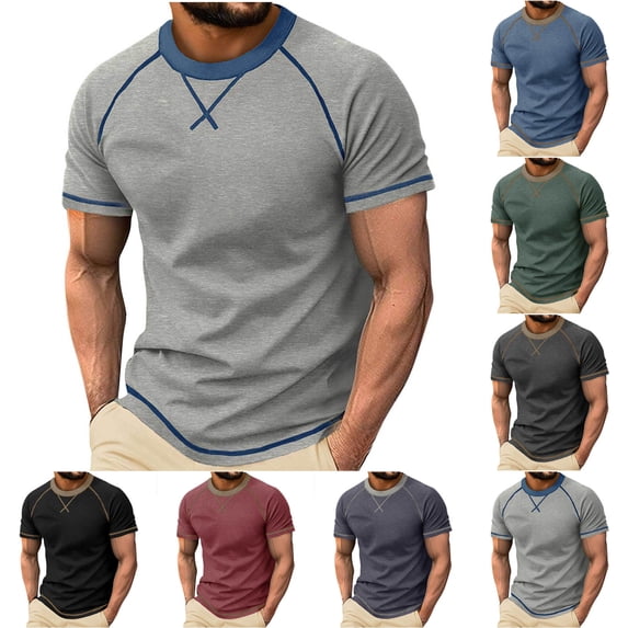 GuangCheng Mens Short Sleeve T Shirts Color Block Crew Neck Slim Fit Summer Soft Pullover Tops Size S-2XL