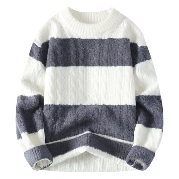 GuangCheng Mens Thick Sweaters, Stripes Kintted Crewneck Pullover Warm Long Sleeve Tops for Fall Winter