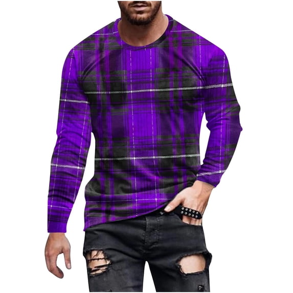 GuangCheng Plaid Shirts for Men Round Neck Long Sleeve Soft Pullover Fall Winter Blouses