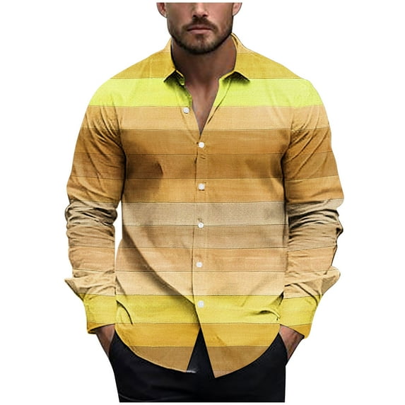 Polo Shirts for Men Slim Fit Button Down Long Sleeve Color Block Stripes Lapel Dress Shirts