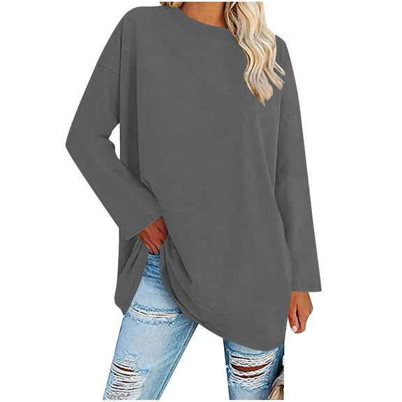 GuangCheng Pullover Plus Size Blouses for Women Round Neck Long Sleeve Oversize Tops Leisure Blouses
