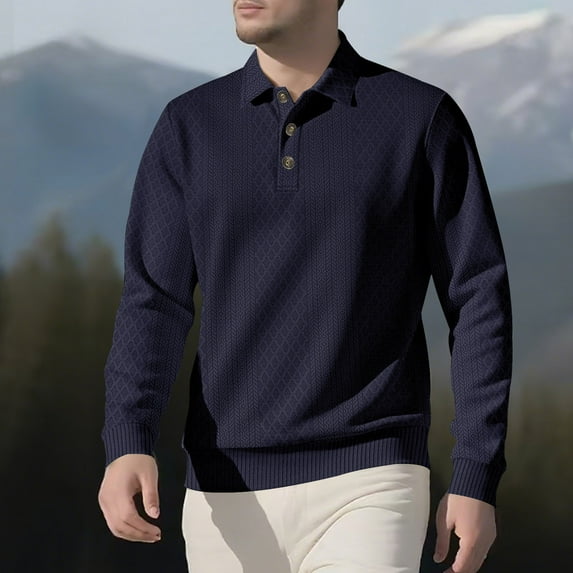 GuangCheng Pullover Polo Shirts for Men Long Sleeve Texture Slim Fit Lapel Button Collar Dress Blouses