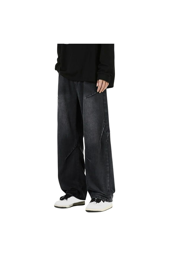 Regular Fit Jeans for Men Patchwork Washed Straight Leg Drawstring Demin Pants with Pockets