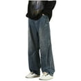 thumbnail image 1 of GuangCheng Regular Fit Jeans for Men Patchwork Washed Straight Leg Drawstring Demin Pants with Pockets, 1 of 7