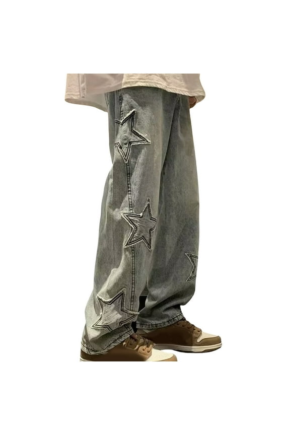 Regular Fit Jeans for Men Patchwork Washed Straight Leg Drawstring Demin Pants with Pockets