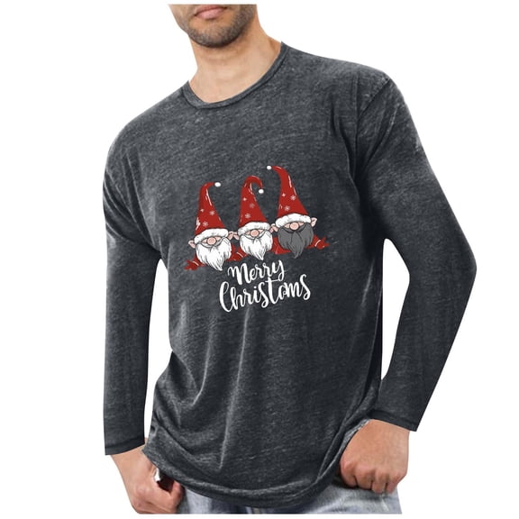 GuangCheng Shirts for Men Christmas Round Neck,Printed,Long Sleeve Tops,Pullover,Baggy,Bottom,Tees,Comfy Loose Piece,Gray,Size L