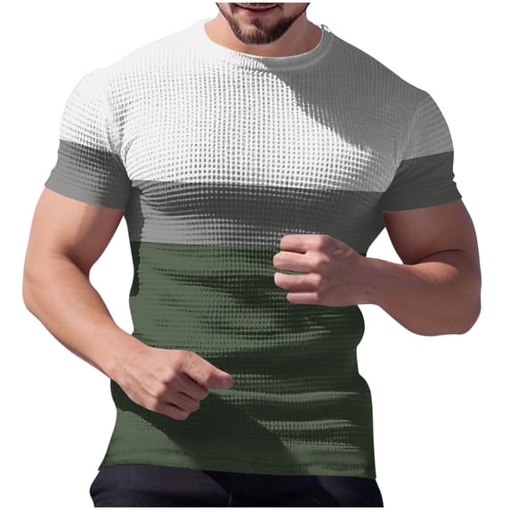 GuangCheng Short Sleeves Shirts for Men Waffle Color Blocked Slim Fit Muscles Tops Crew Neck Pullover Tshirts Size 5XL