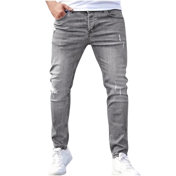GuangCheng Slim Fit Stretch Faux Denim Jeans Ripped Skinny Faux Denim Jeans for Men, Distressed Straight Leg Flex Waist Denim Pants