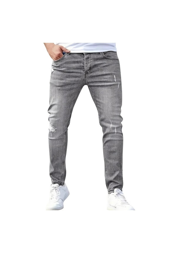 Slim Fit Stretch Faux Denim Jeans Ripped Skinny Faux Denim Jeans for Men, Distressed Straight Leg Flex Waist Denim Pants