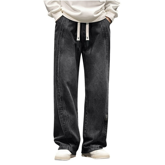 GuangCheng Slim Fit Stretch Faux Denim Jeans Ripped Skinny Faux Denim Jeans for Men, Distressed Straight Leg Flex Waist Denim Pants