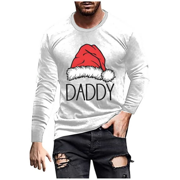 GuangCheng Tops for Men ChristmasCrew Neck,Long Sleeve Tops,Printed,Pullover,Baggy,Bottom,Tees,Comfy Loose Piece,White,Size S