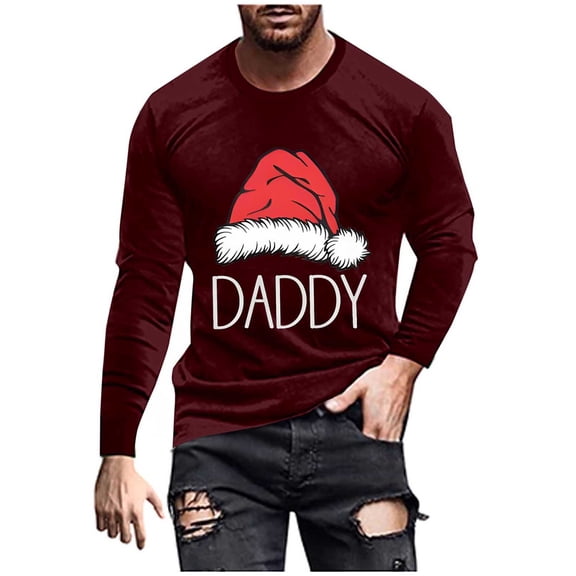 GuangCheng Tops for Men ChristmasCrew Neck,Long Sleeve Tops,Printed,Pullover,Baggy,Bottom,Tees,Comfy Loose Piece,Wine,Size S
