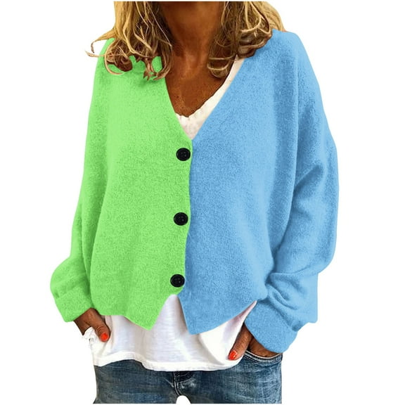 GuangCheng V-Neck Cardigans for Women Long Sleeve Button Down Color Blocked Casual Warm Coats Jackets