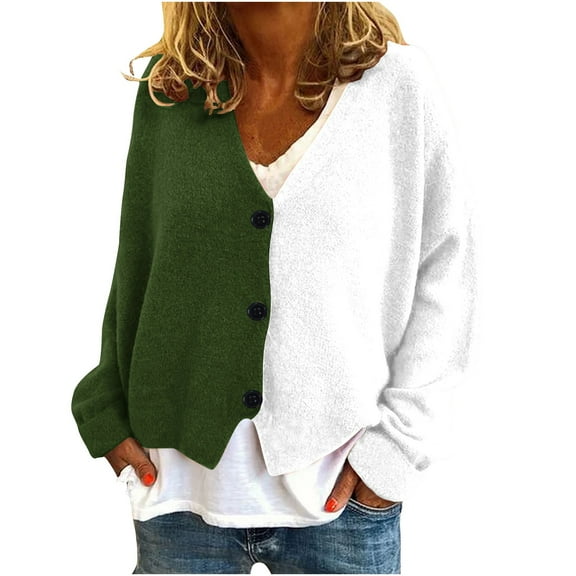 GuangCheng V-Neck Cardigans for Women Long Sleeve Button Down Color Blocked Casual Warm Coats Jackets