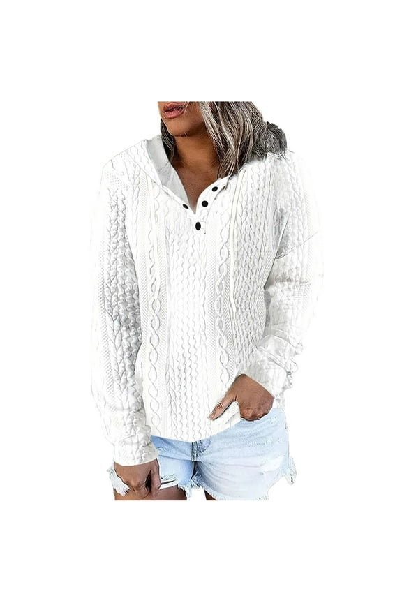 Women's Button Quilted Sweatshirts Crew Neck Long Sleeve Pullover Textured Solid Fall Fashion Tops