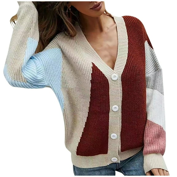 GuangCheng Women's Color Block Cardigan Sweaters V Neck Button Open Front Knit Outerwear Coats