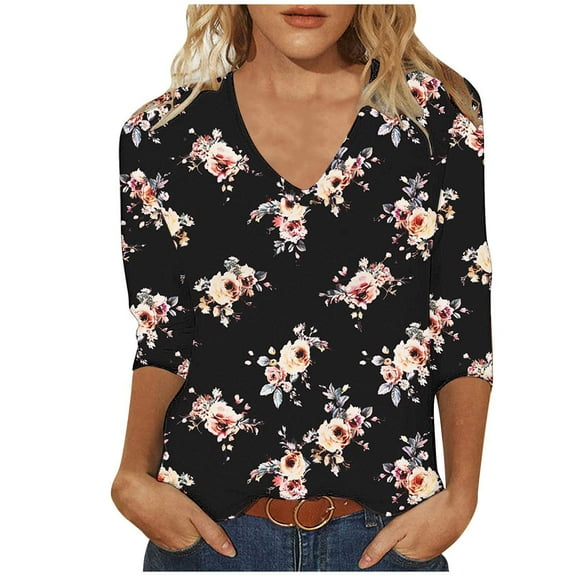 GuangCheng Womens 3/4 Sleeve Tops V Neck Floral Printed T Shirts Fall Casual Fashion Blouses