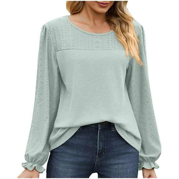 GuangCheng Womens Boho Tops Long Sleeve Crewneck Blouses Dressy Casual Swiss Dot Crochet Hollow Tops