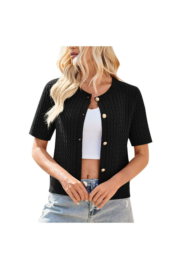 Womens Cable Knit Cropped Cardigans Summer Short Sleeve Button Down Crewneck Lightweight Sweater Tops