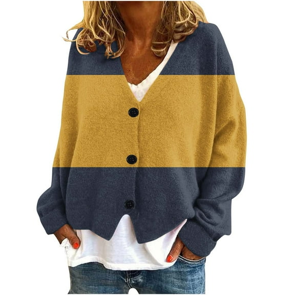 GuangCheng Womens Cardigans Button Down Color Blocked V-Neck Casual Warm Long Sleeve Coats Jackets