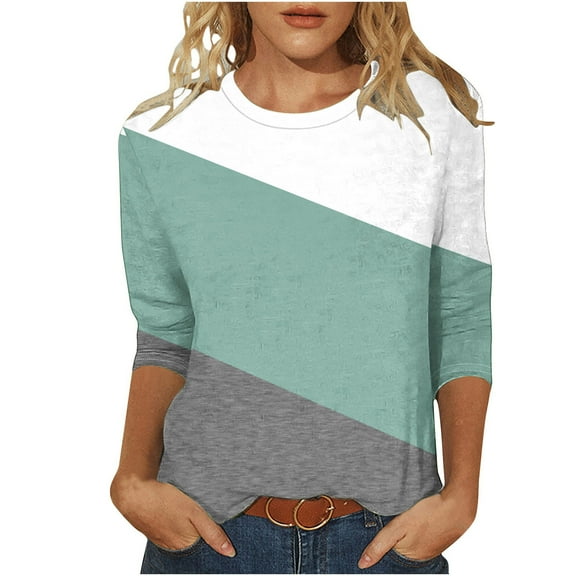 GuangCheng Womens Color Block Tops Casual Long Sleeve Tunic Round Neck Pullover Shirts Blouses
