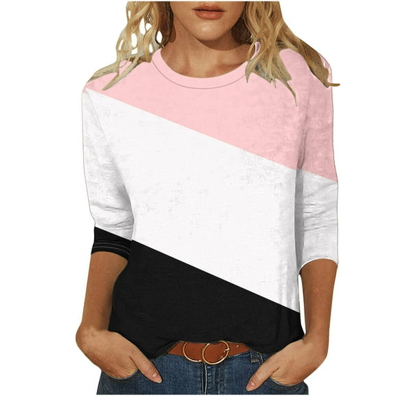 GuangCheng Womens Color Block Tops Casual Long Sleeve Tunic Round Neck Pullover Shirts Blouses