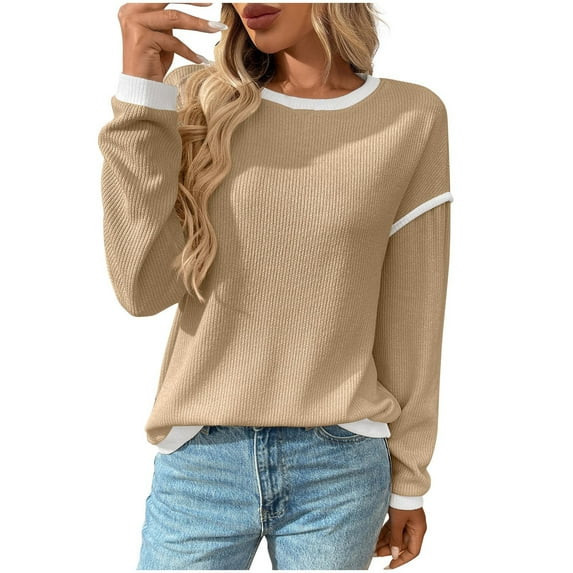 GuangCheng Womens Fall Crew Neck Sweaters Long Sleeve Oversized Color Block Ribbed Knit Side Slit Pullover Tops