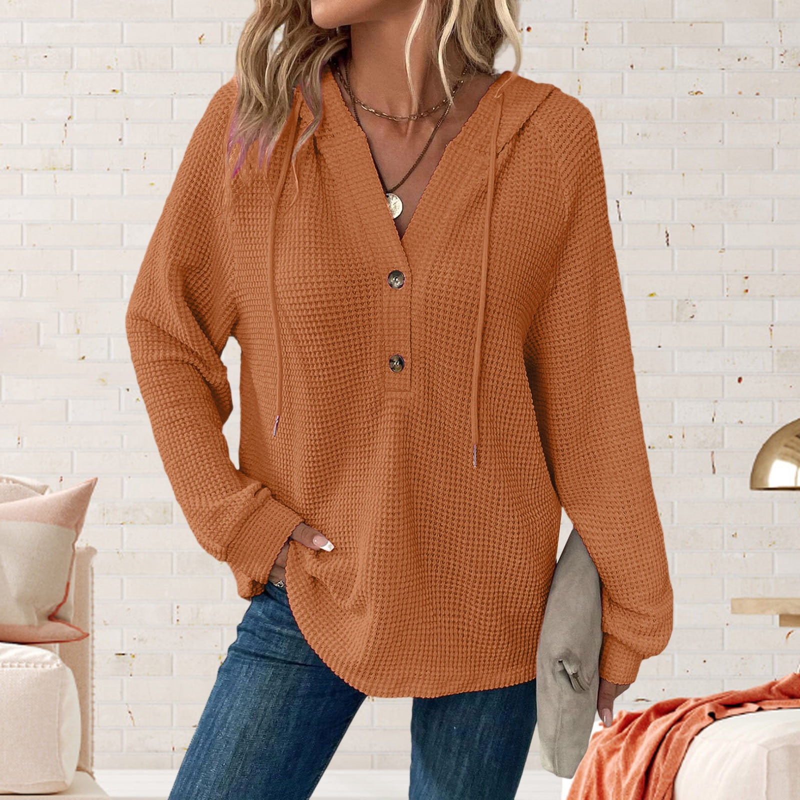 Waffle-Knit Drawstring Hooded Outerwear