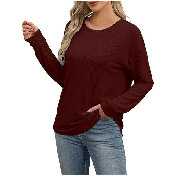 GuangCheng Womens Solid Long Sleeve Tops Round Neck Knitted Warm Pullover Sweater Blouses