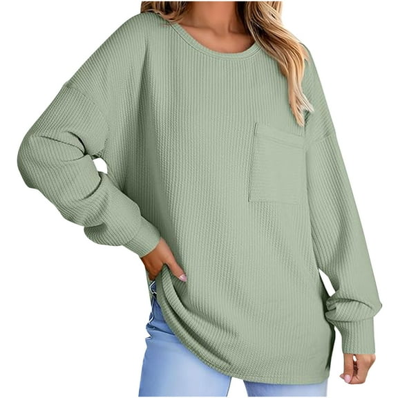 GuangCheng Womens Stripe Knit Tops Oversized Long Sleeve Crewneck Blouses Casual Basic Shirts with Pocket