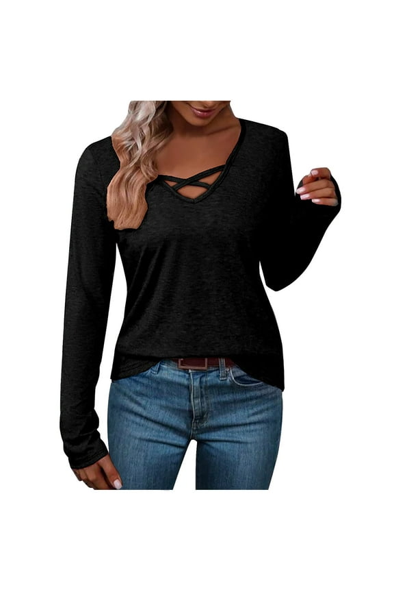Womens V Neck Criss Cross Tops Long Sleeve T Shirts Dressy Casual Solid Blouses