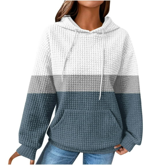 GuangCheng Womens Waffle Hooded Sweatshirts Long Sleeve Color Blocked Drawstring Casual Loose Fit Pullover Tops