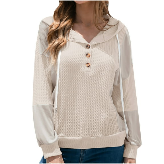 GuangCheng Womens Waffle Knit Hooded Sweatshirts Casual Warm Long Sleeve Pullover Hoodie Shirts with Buttons
