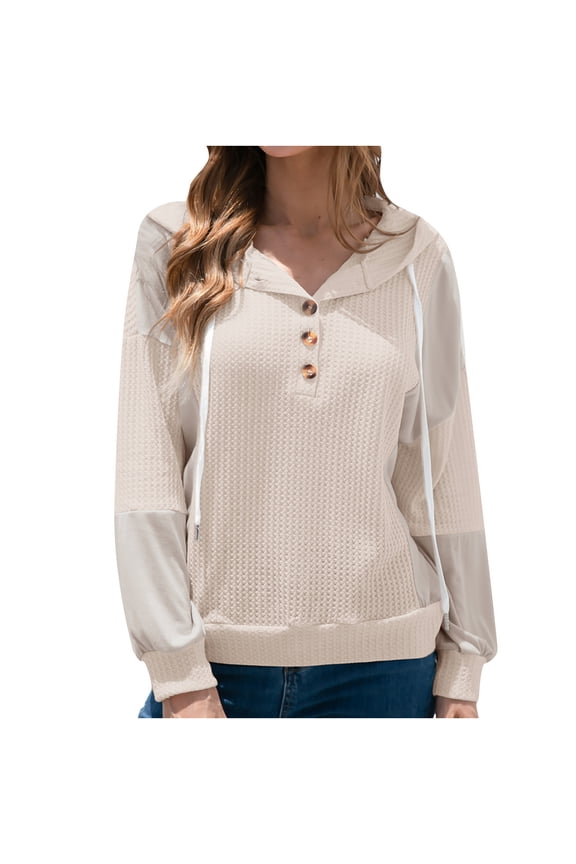Womens Waffle Knit Hooded Sweatshirts Casual Warm Long Sleeve Pullover Hoodie Shirts with Buttons