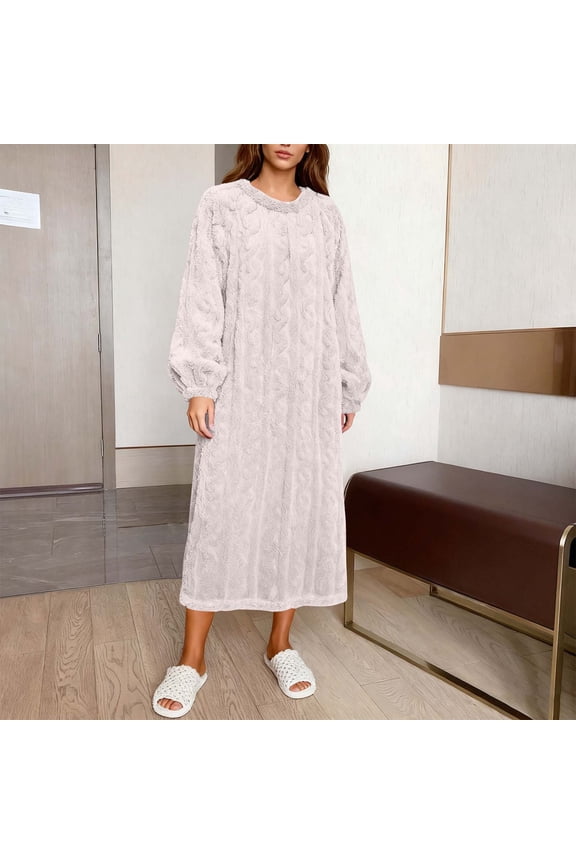 Flannel Plush Winter Nightgowns for Women Loose Long Sleeve Comfy Fuzzy Soft Sleepwear Pajama Dress with Pockets Fleece Pajamas Women Gift