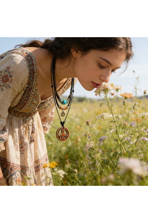 Boho Layered Peace Sign Necklace 3 Piece Adjustable Cord Necklaces with Turquoise Beads Wooden Peace Pendant and Charm for Hippie Bohemian and Retro