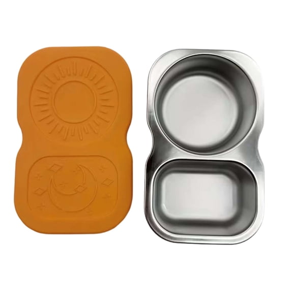 Guanglv Reusable Stainless Steel Double Compartment Tray Leakproof Silicone Lid Divided Plate for Dipping Fruits Kitchen Camping Back to School Food Container